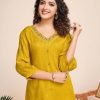 Women Purple Pure Viscose Floral Embroidered A-Line Top - Mustard