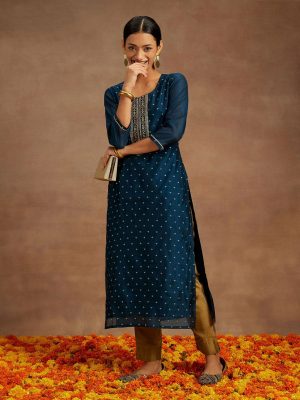 Grey Chanderi Silk Embroidered Straight Kurta