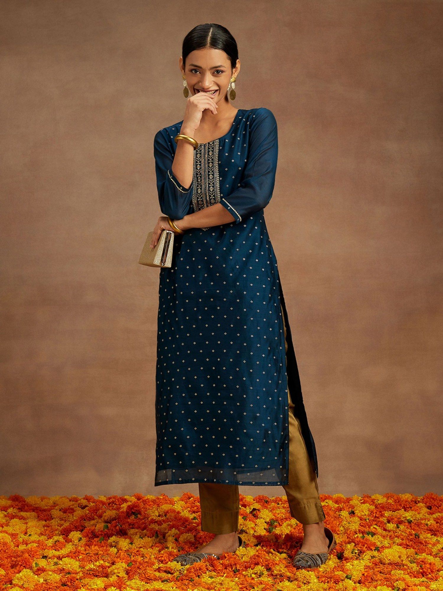 Grey Chanderi Silk Embroidered Straight Kurta