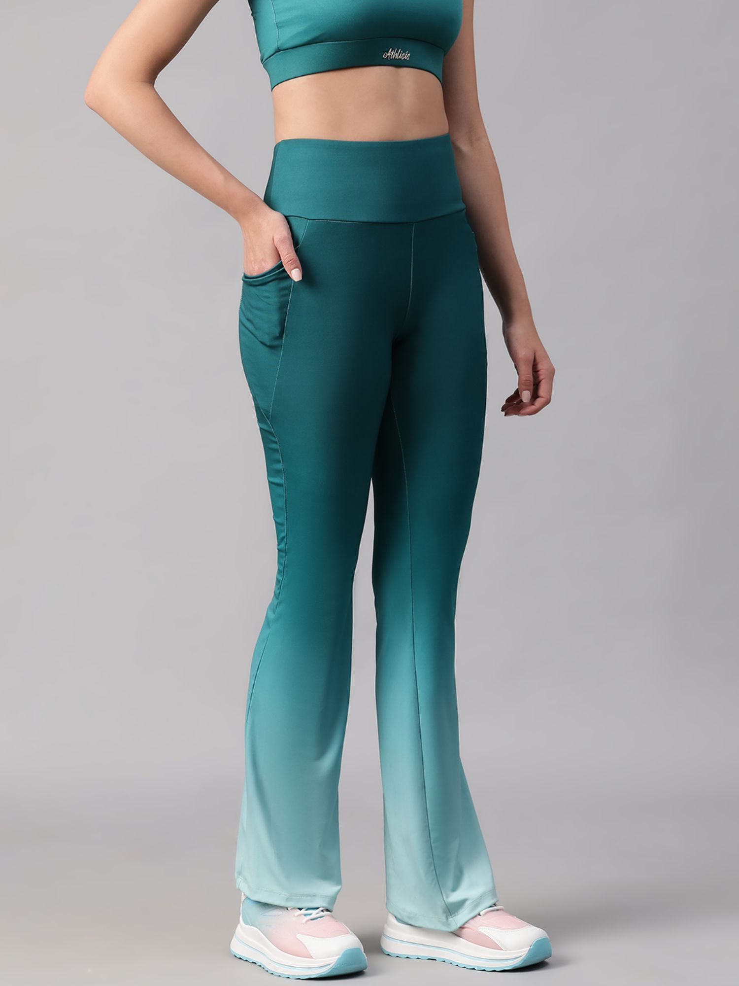 Women Teal Mid Waist Fitness Ombre Flare Pants