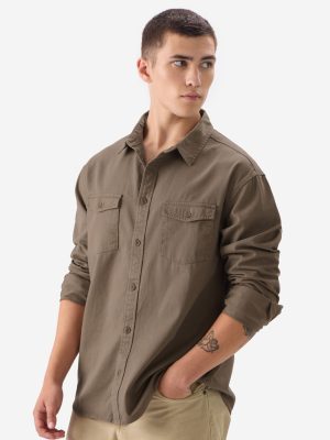 Solid Brown Men Utility Shirt
