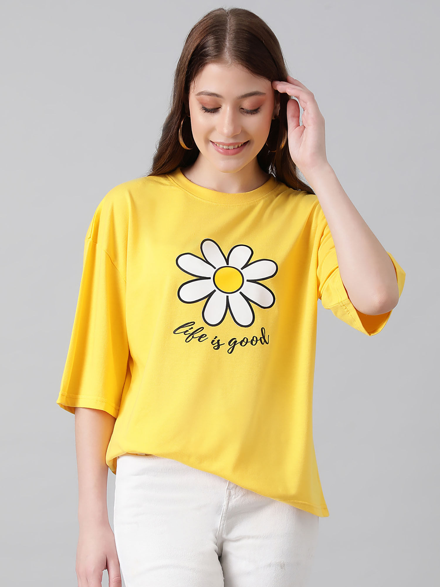 Yellow Womens Cotton Blend Printed Oversized T-Shirt