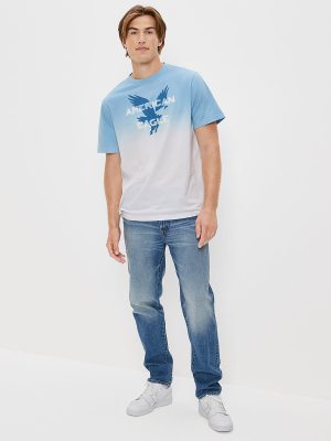 Men Blue Super Soft Dip-Dye Logo Graphic T-Shirt