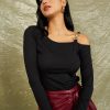 Black Asymmetric Neck Ribbed Fitted Knit Top with Chain Strap Detail