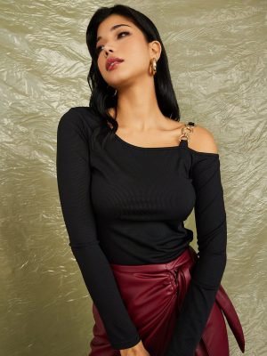 Black Asymmetric Neck Ribbed Fitted Knit Top with Chain Strap Detail