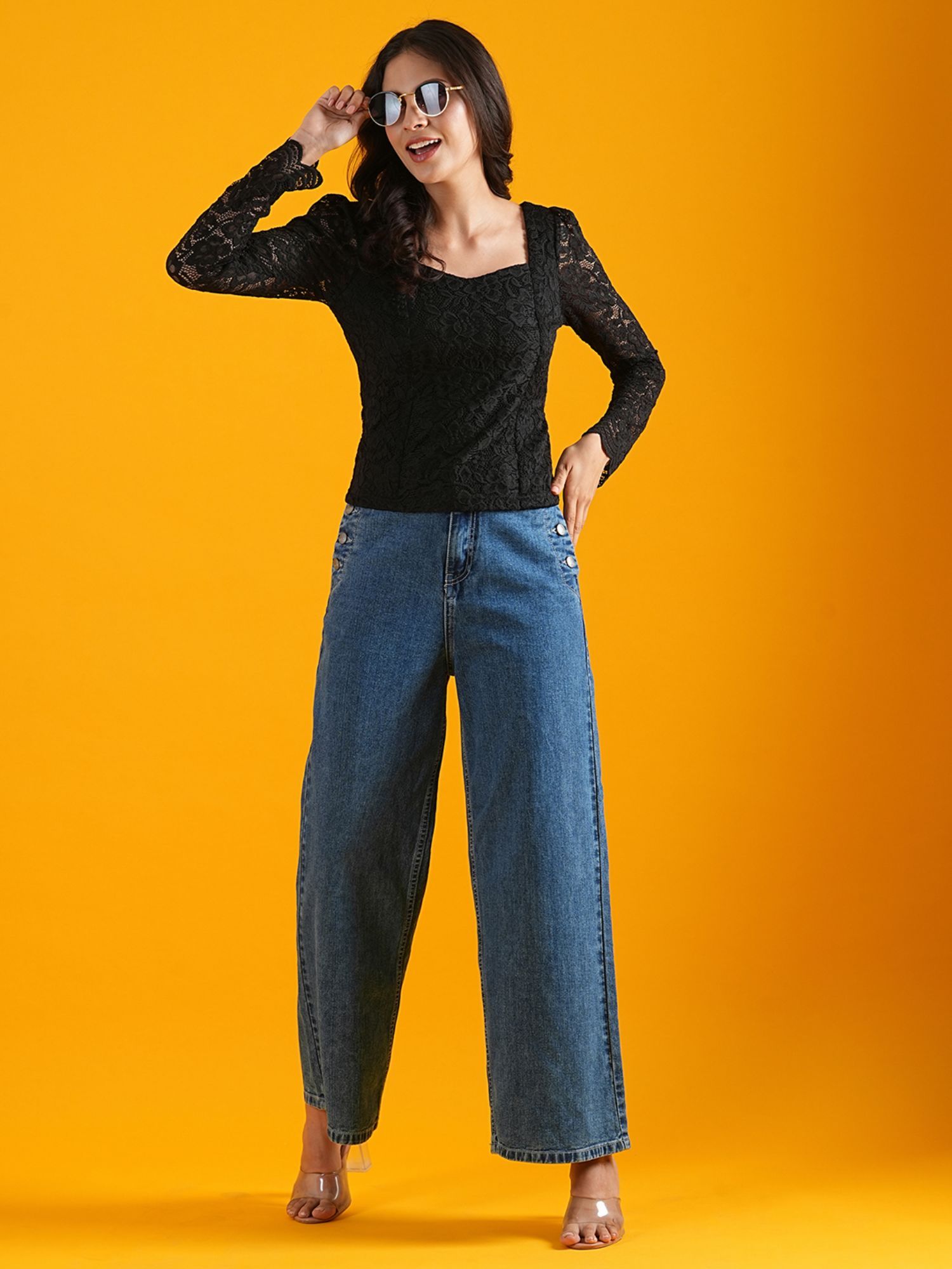 Women Teal Sweetheart Neck Puff Sleeves Back Smocked Detail Panelled Lace Party Top