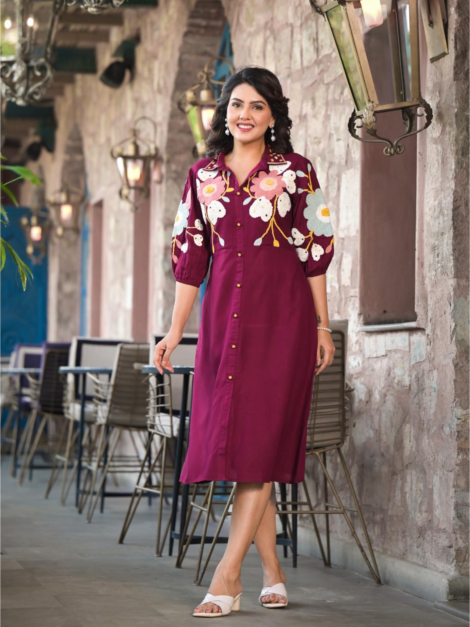 Maroon Hand Work Midi Dress