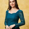 Women Teal Sweetheart Neck Puff Sleeves Back Smocked Detail Panelled Lace Party Top - Teal