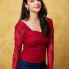 Women Teal Sweetheart Neck Puff Sleeves Back Smocked Detail Panelled Lace Party Top - Red