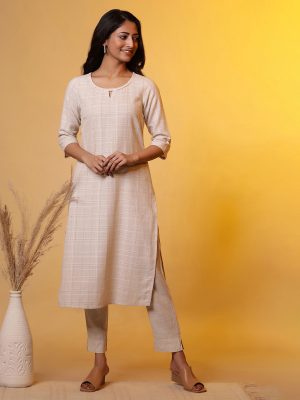 Women Beige Checks Rayon Kurta