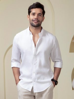 Men White Linen Cotton Button Down Solid Shirt