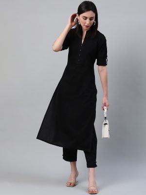 Black Cotton Solid Straight Kurta