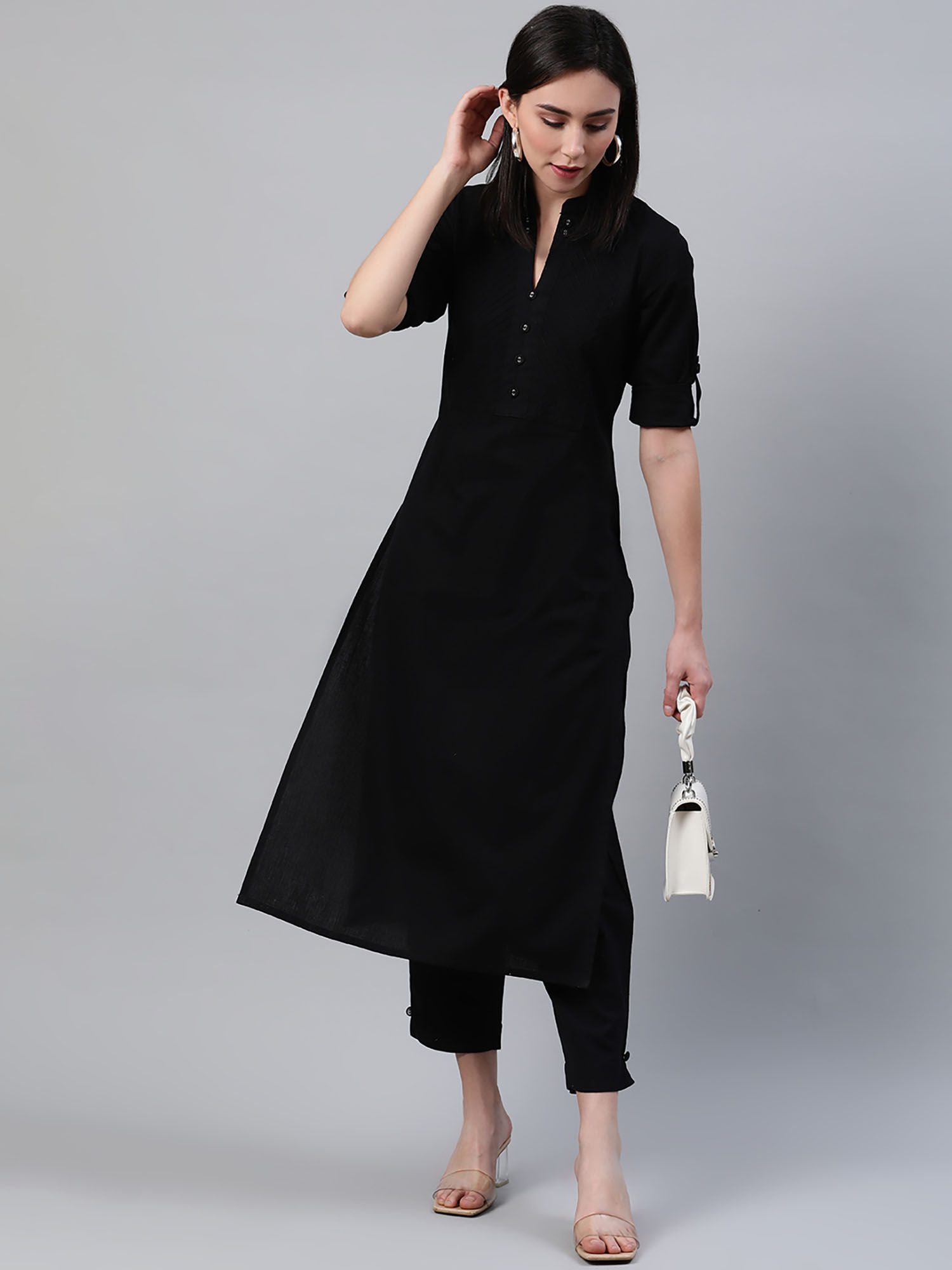 Black Cotton Solid Straight Kurta
